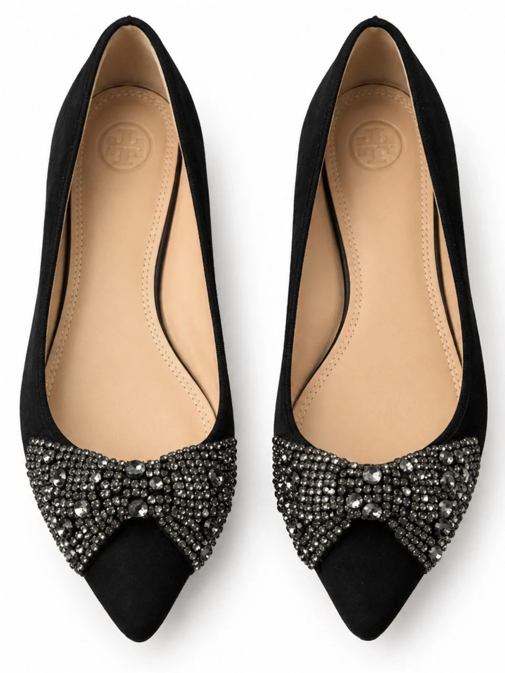 Tory Burch Vanessa Black Suede Leather Crystal Bow Flats US Women Size 7.5M